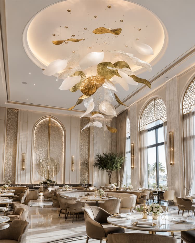 Gilded shell cascade chandelier in a high-ceiling hospitality interior