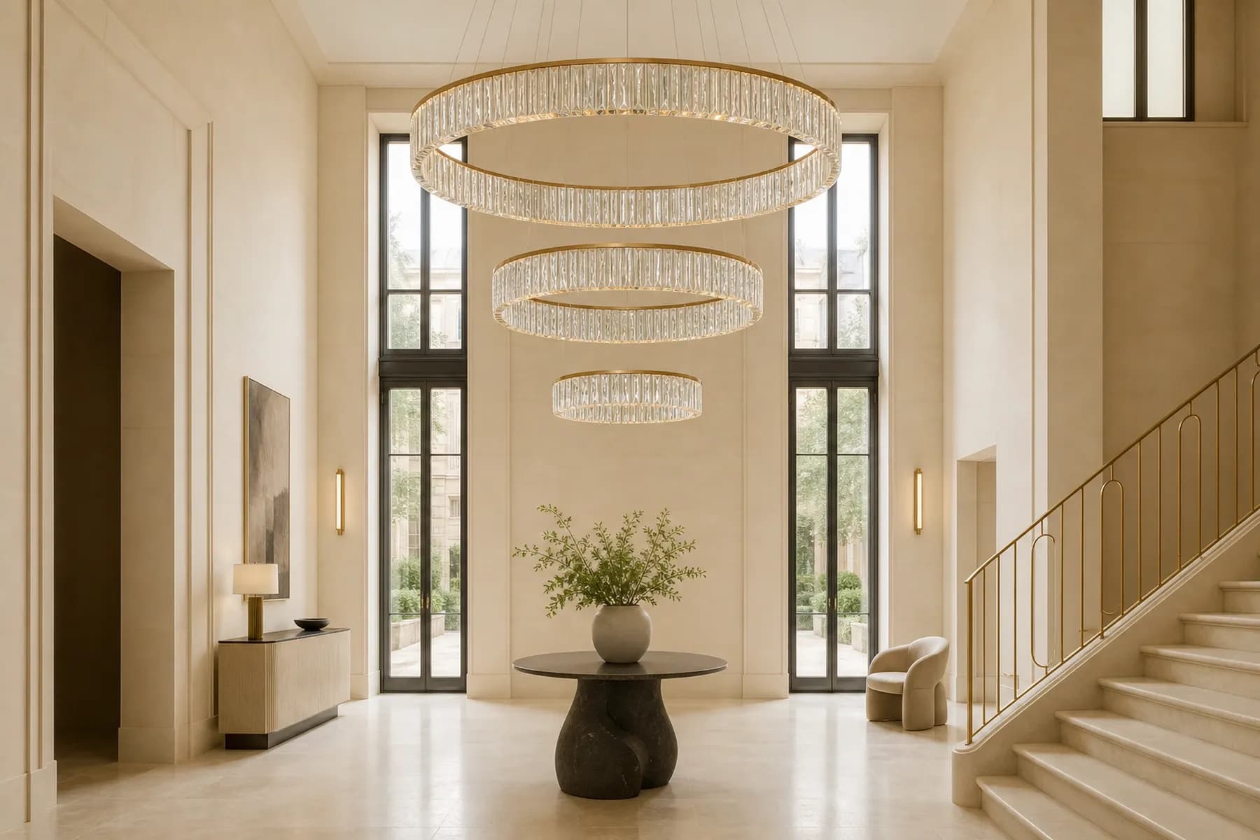 Symmetrical Paris foyer with three descending elliptical crystal rings